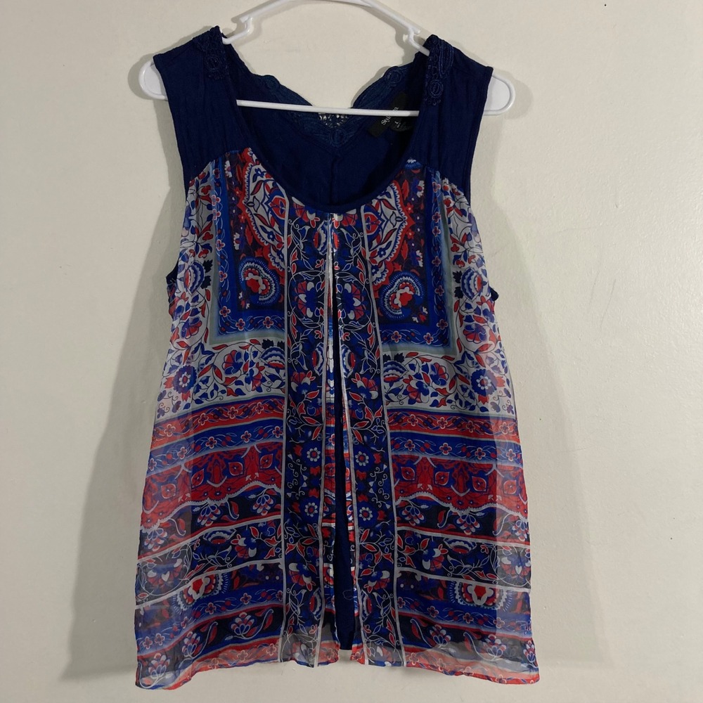 Style & Co Sleeveless Top Womens Large Navy Blue Paisley Lace Mixed Media Boho